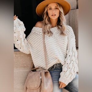 VICI V-Neck knit Pullover oversized Sweater LONG POM POM SLEEVE